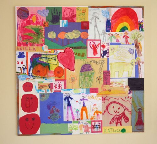 Kids' collage artwork with drawings