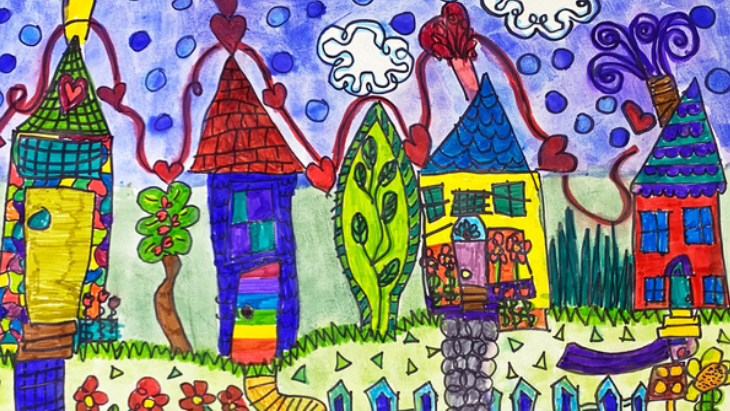Kid's drawing of a neighborhood with colorful houses